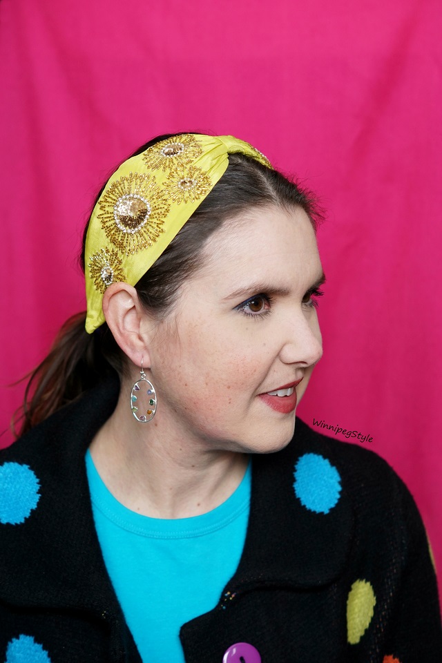 Winnipeg Style, NamJosh yellow crystal beaded wide bow handmade headband, Canadian women